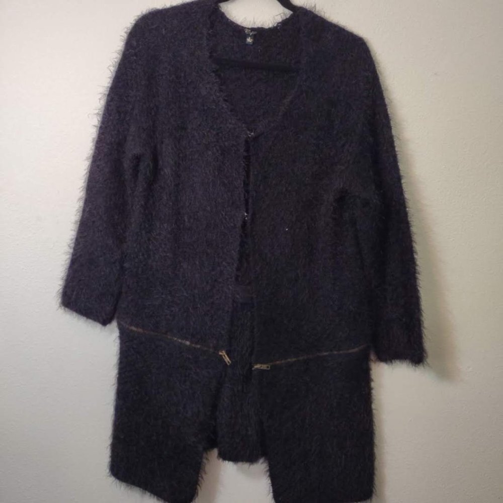Cupio Black Eyelash Fuzzy Cardigan Duster Sweater